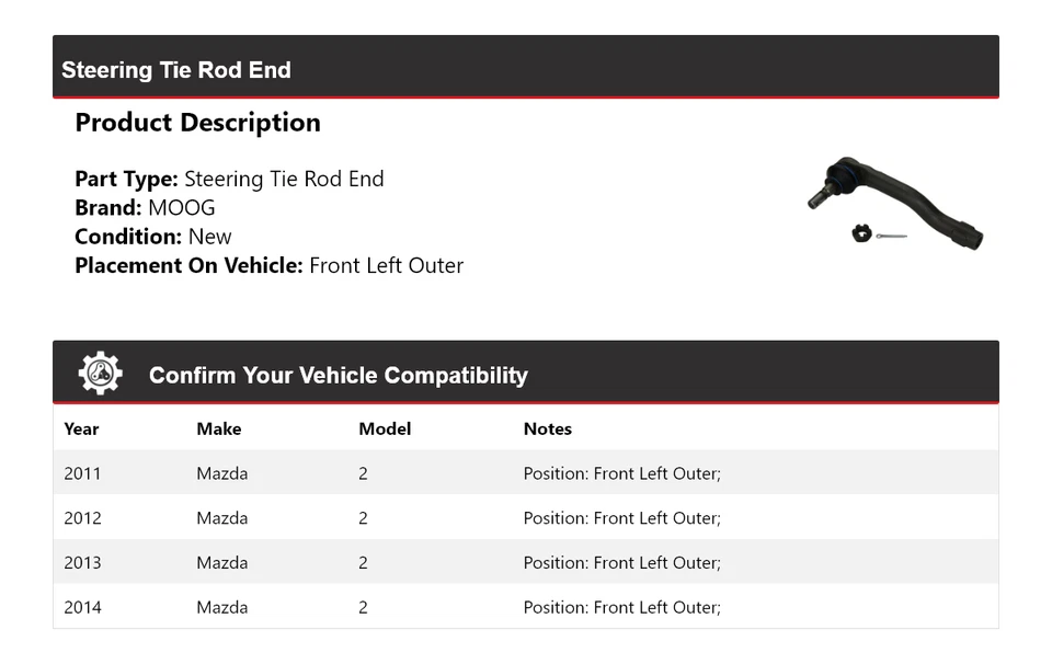 Extremo de barra de dirección delantero izquierdo exterior MOOG 2011 2012 2013 para Mazda 2 2011-2014 Foto 2 de 4