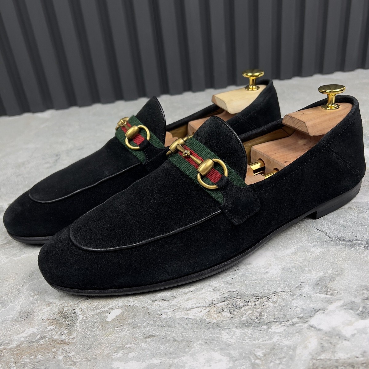 GUCCI Penny Jordaan Horsebit Web Loafers Black Suede 9 G or 9.5 US