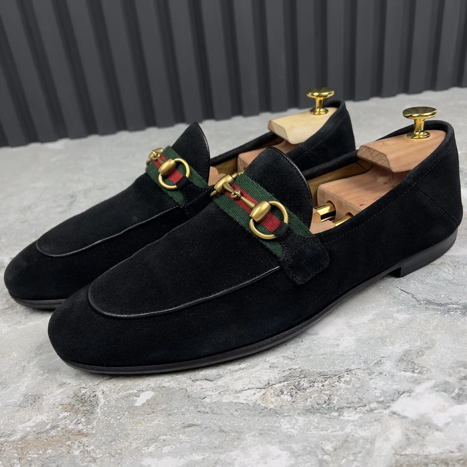 Mocassins GUCCI Penny Jordaan Horsebit Web daim noir 9 G ou 9,5 US ou