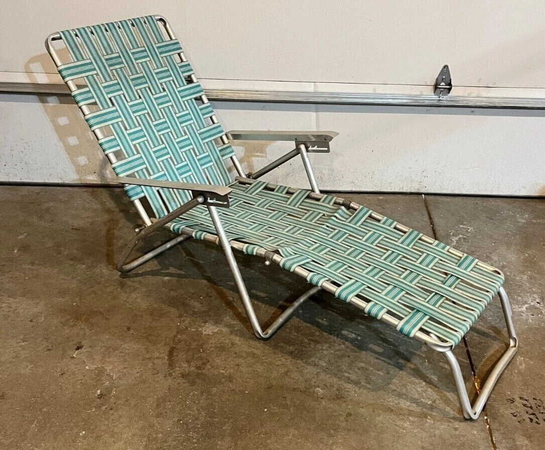 Vintage Folding Webbed Aluminum Chaise Lounge Chair Beach Lawn
