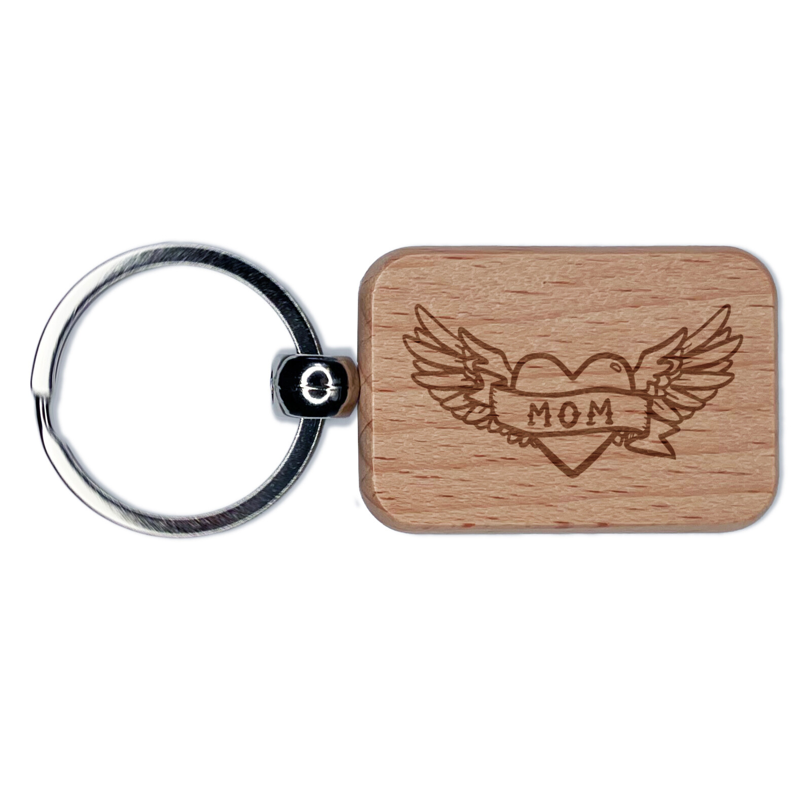Mom Heart Tattoo with Wings Engraved Wood Rectangle Keychain Tag Charm
