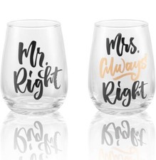 Mr Right Mrs Always Right Wine Glass Tumbler Set Of 2 For Weddings Engagements