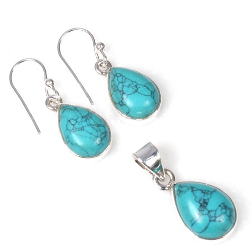 Boucles D'oreilles Et Bague Argent Massif 925 Avec Turquoise - Set SJENAVI Russe - Occasion