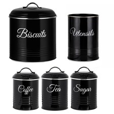 5 Piece Kitchen Canister Set Airtight Biscuit Tin, Tea, Coffee, Sugar & Utensil 