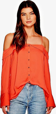 Free People rotes OTS Shirt Gr. L Walk This Way schulterfrei Knopfleiste Oberteil