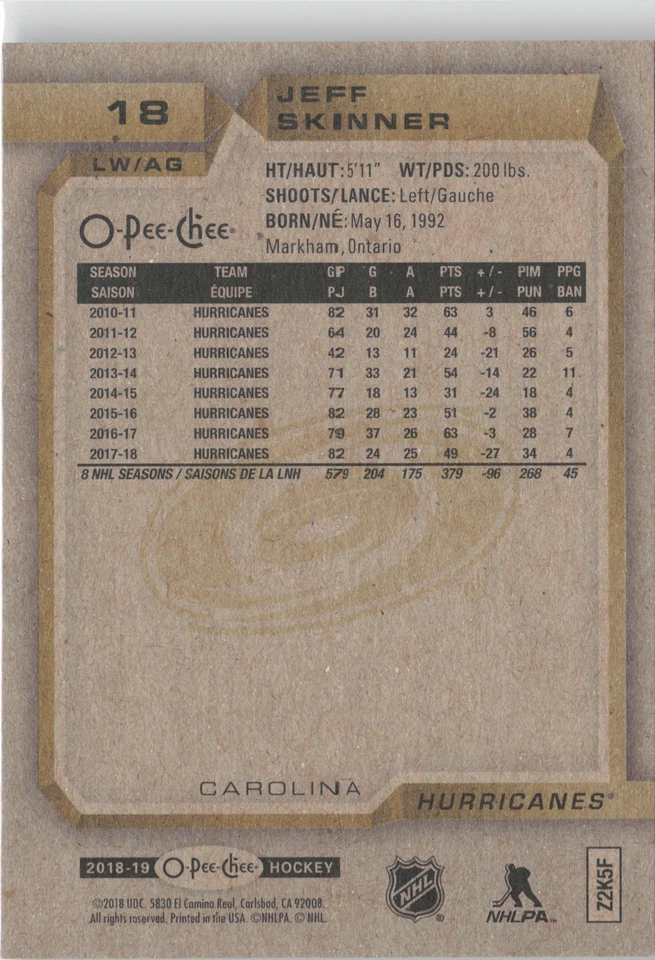 2018-19 O-Pee-Chee #18 Jeff Skinner - Image 2 of 2