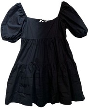 American Eagle Womens Poplin Babydoll Mini Dress Puff Sleeve Size Small Black