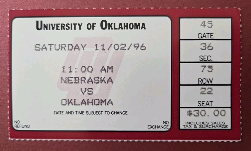 Oklahoma Sooners Nebraska Cornhuskers Football Ticket 11/2 1996 Scott Frost 3 TD