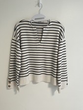 Loft Striped V-Neck Sweater Blue  White Size Small - w/buttons on sleeves