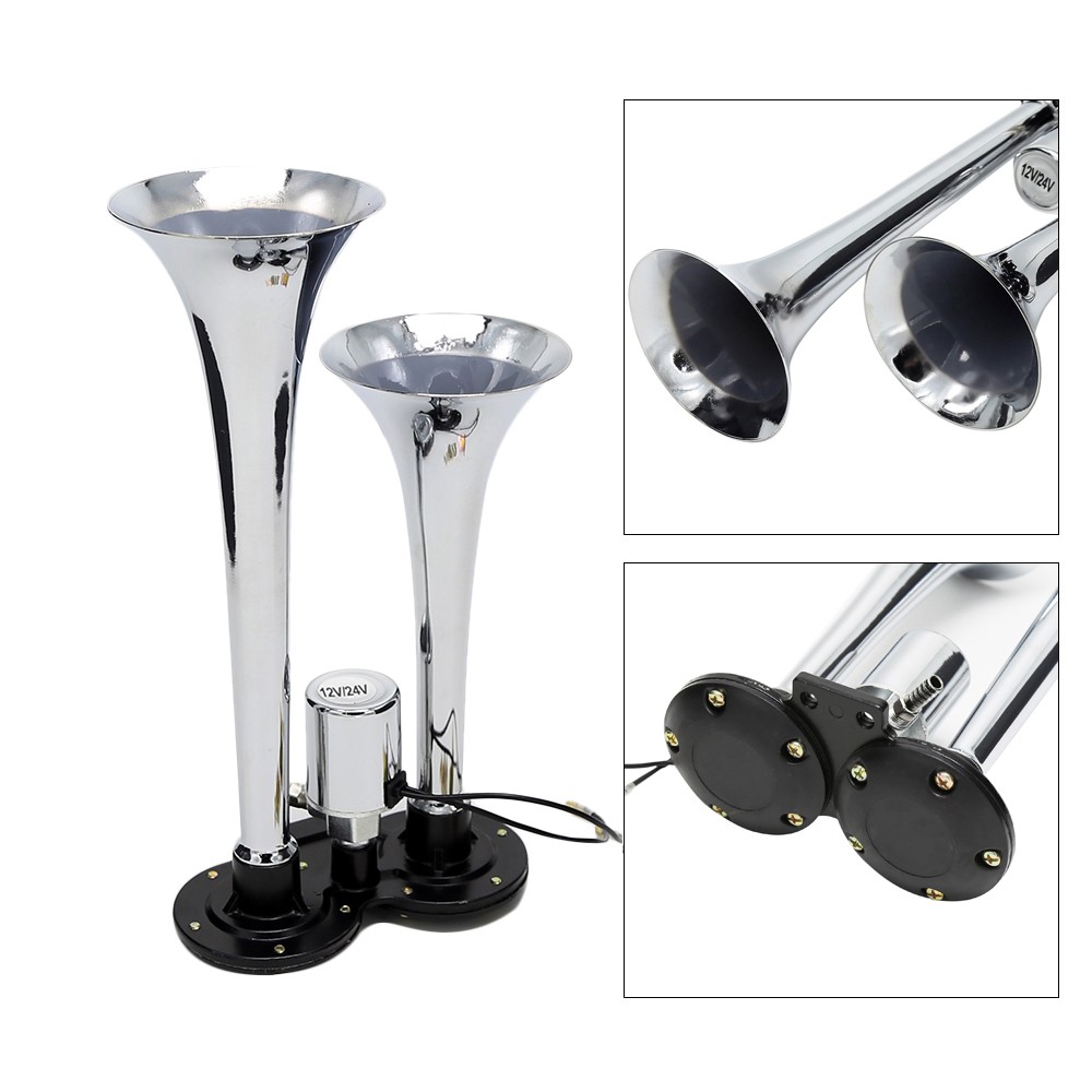 Dual Trumpet Electric Horn Loud Chrome Air Horn Speaker Kit 150dB 12V/24V Univer
