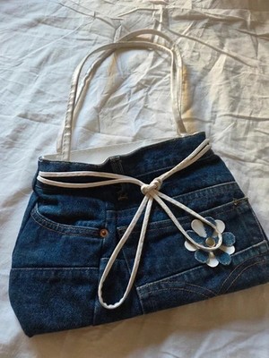Jeans Handtasche mit Blumen Weiß Vintage Jeans 2000 Y2K Denim Shoulder Bag Schulter