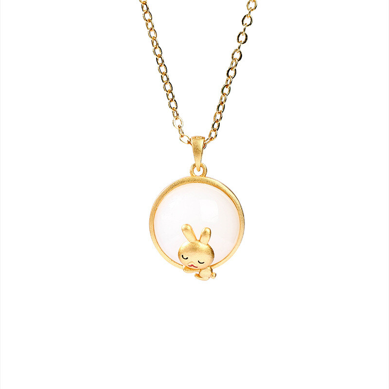 Natural Jade 12 Zodiac: Nephrite Jade Rabbit Pendant Necklace in Deep Natural Jade 12 Zodiac: Nephrite Jade Rabbit Pendant Necklace in Deep
