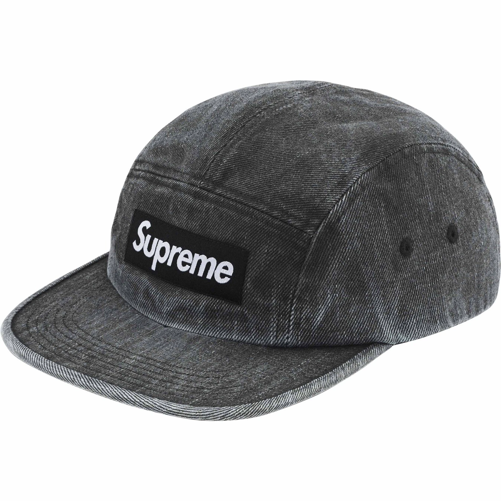 Casquette de camp en denim enduit suprême   noir OS DSWT   boîte neuve logo 5 panneaux casquette