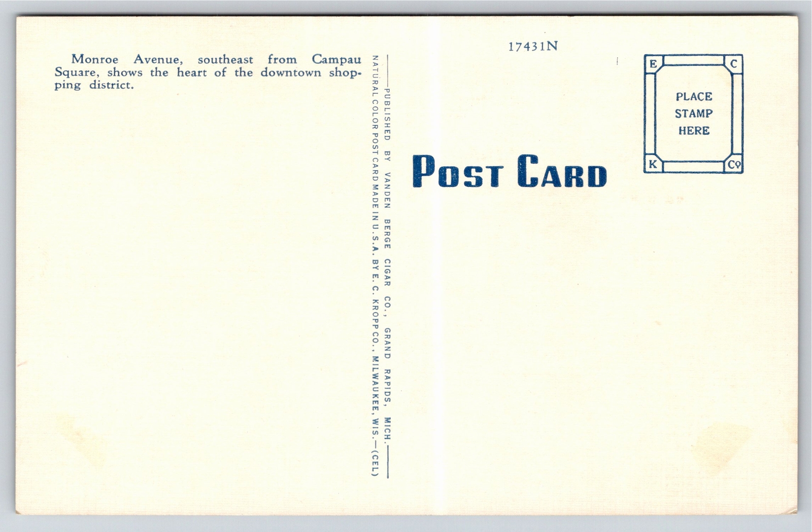 Grand Rapids Michigan~Birds Eye View Of Monroe Avenue~Vintage Linen Postcard