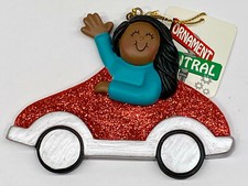 Personalized Red CAR  Dark Skin Female DRIVER Christmas Tree Ornament