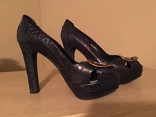 Alexander McQueen Women’s Python leather blue buckled open toe shoes Sz 8 Italy