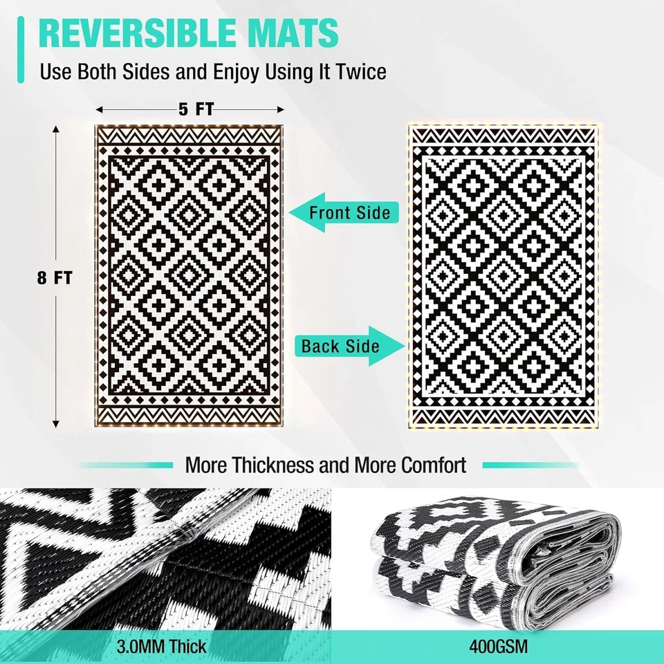 HAUSHOF 8英尺户外地毯防水LED条灯双面塑料吸管地毯 — 第 2/4 张图片