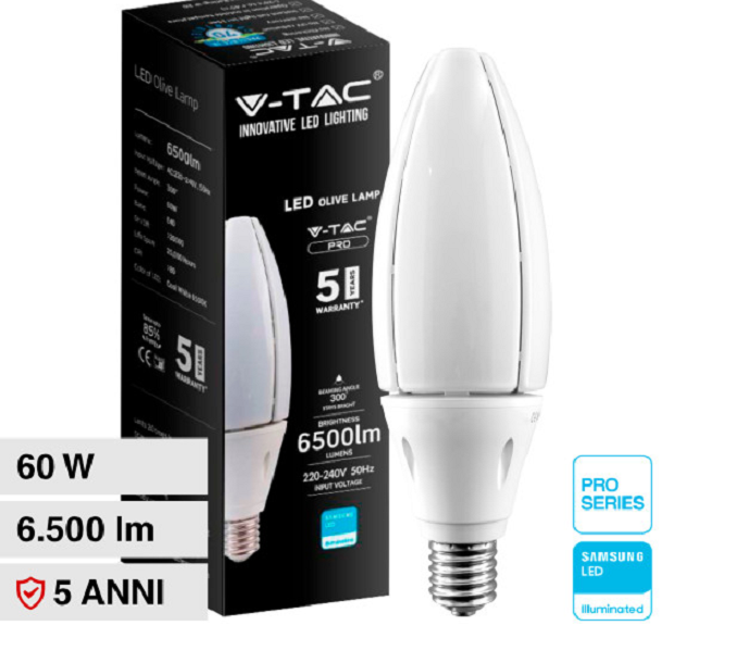 V-TAC PRO Lampadina LED Chip Samsung E40 60W Oliva 6400K