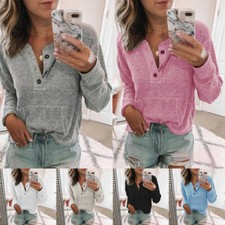Women Threaded T-Shirts Jumper Shirt Tunic Pullover V Neck Long Sleeve Knit Tops