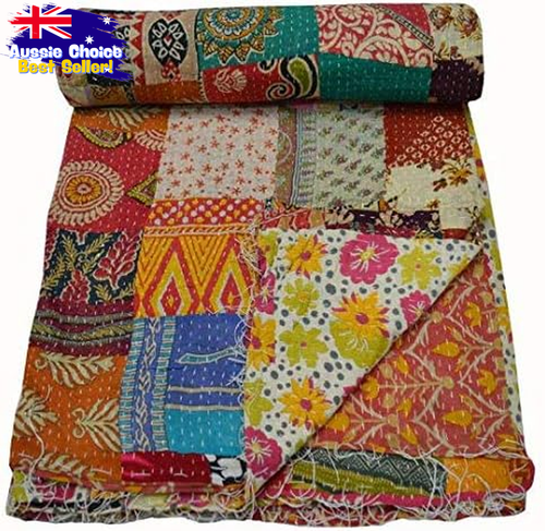 Indian Vintage Patchwork Kantha Quilt Handmade Reversible Cotton Throw 85x55 - Picture 9 of 12