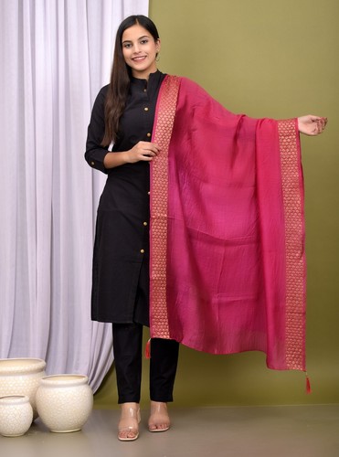 10 PC Lot Woman Chanderi Silk Dupatta Stole Fashion Solid Gold Border Scarf - Picture 4 of 11