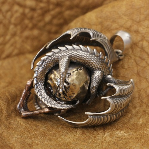 925 Sterling Silver Flying Dragon Punk Skull Pendant Jewelry TA380D Version A - Picture 8 of 12