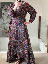 Karen Millen Multi- Geometric Print Viscose Satin Wrap Dress Long Maxi Size 14