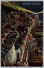 Michigan Avenue North from RIver by Night Chicago posted Linen Postcard 1949