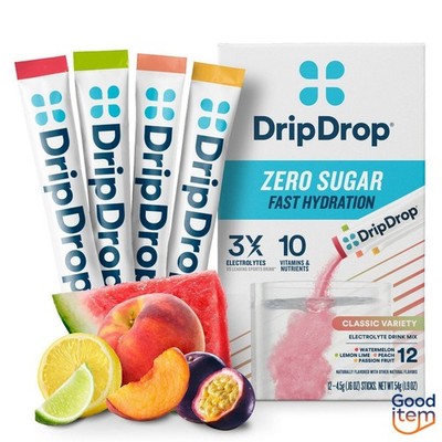 DripDrop Zero Sugar Hydration Powder Vegan Electrolyte Supplements  1.9oz/12ct