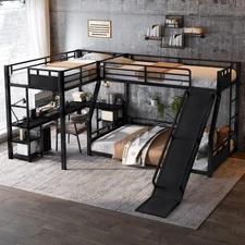 L-Shaped Metal Triple Bunk Bed Twin over Full Bunk Bed with Twin Size Loft Bed