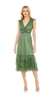 New Mac Duggal Sequined Wrap Over Cap Sleeve Ruffle Hem gown In Sage Sz 16 $498