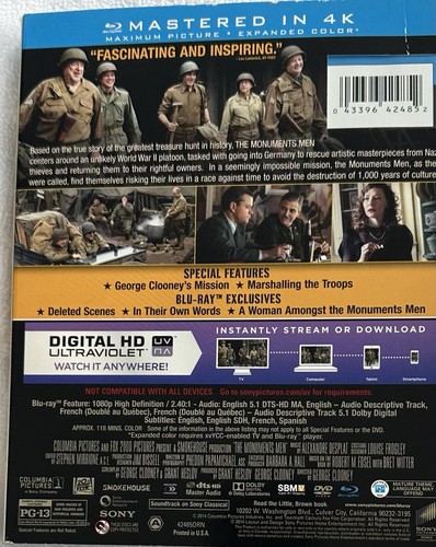 The Monuments Men : LN Blu-ray + DVD ( No Digital) 2014 With Slipcover, Free Shp - Picture 2 of 2