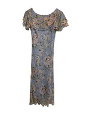 Vintage David Warren New York Floral Silk Maxi Dress Blue Sz 4P Fairycore Boho