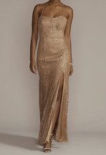 Galina Signature Dress Gold Sequin V-Neck Floor Length Prom Evening Gown, 16