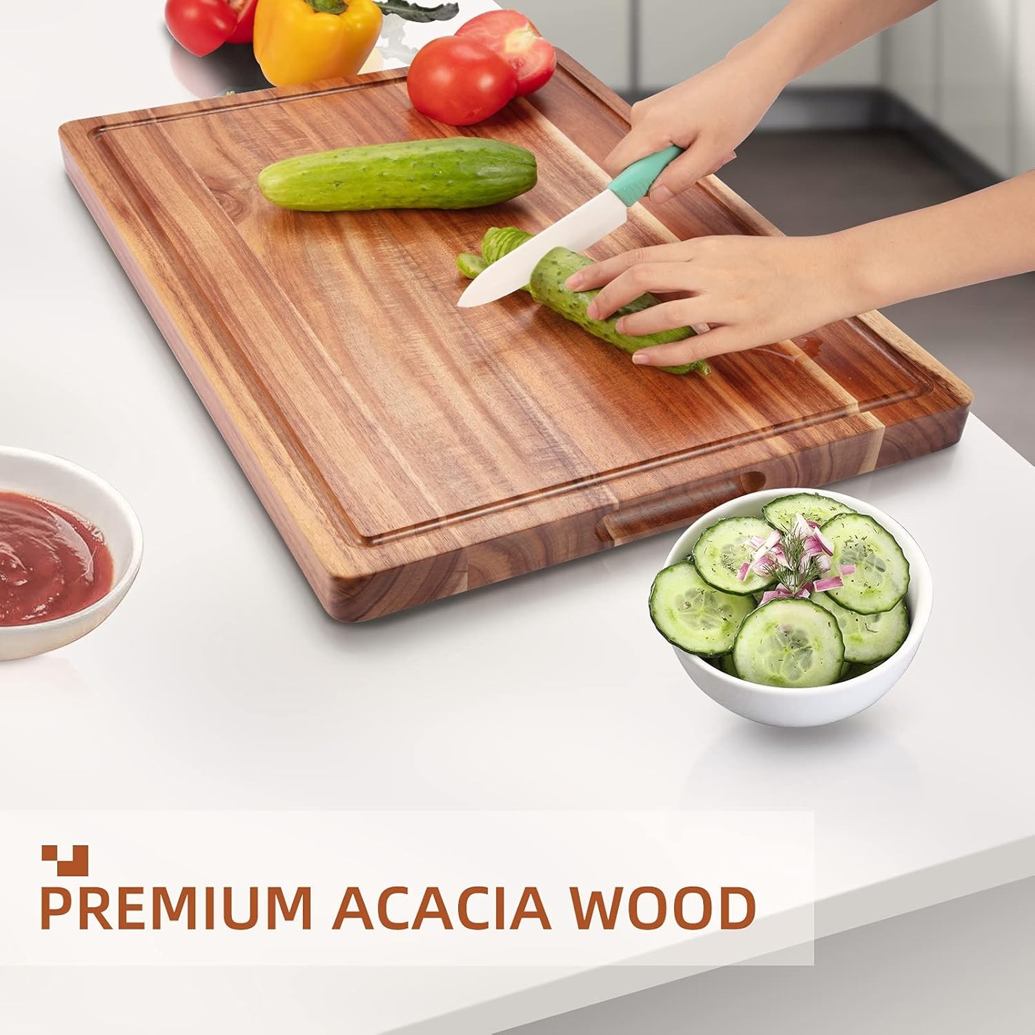 24" x 18" Extra Large Acacia Wood Cutting Board for Kitchen with Juice Slot