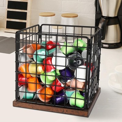 Coffee Pod Holder Basket Wooden Base Sturdy Kitchen Office Desktop Organizer