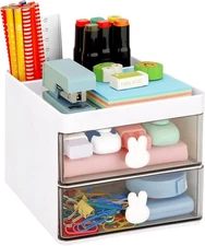 LETURE Small Desk Organizer With Drawer, Office Desktop Storage Box, White 