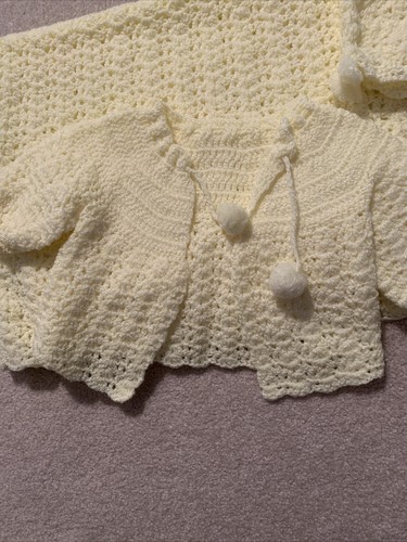 4 Piece Set VTG Handmade Yellow Crochet Baby Blanket 27”x52” Sweater Hat Booties - Picture 2 of 6