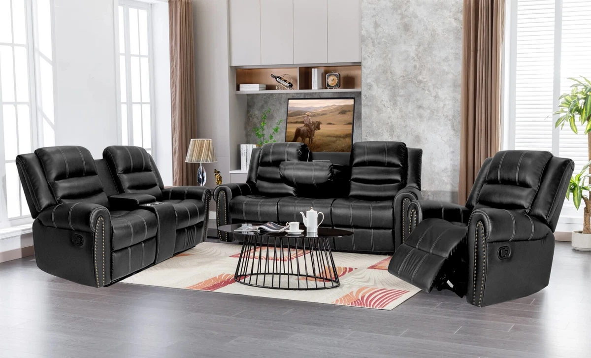 3PC Black Sofa 5-Recliner Living Room Leather Air Power Outlet USB