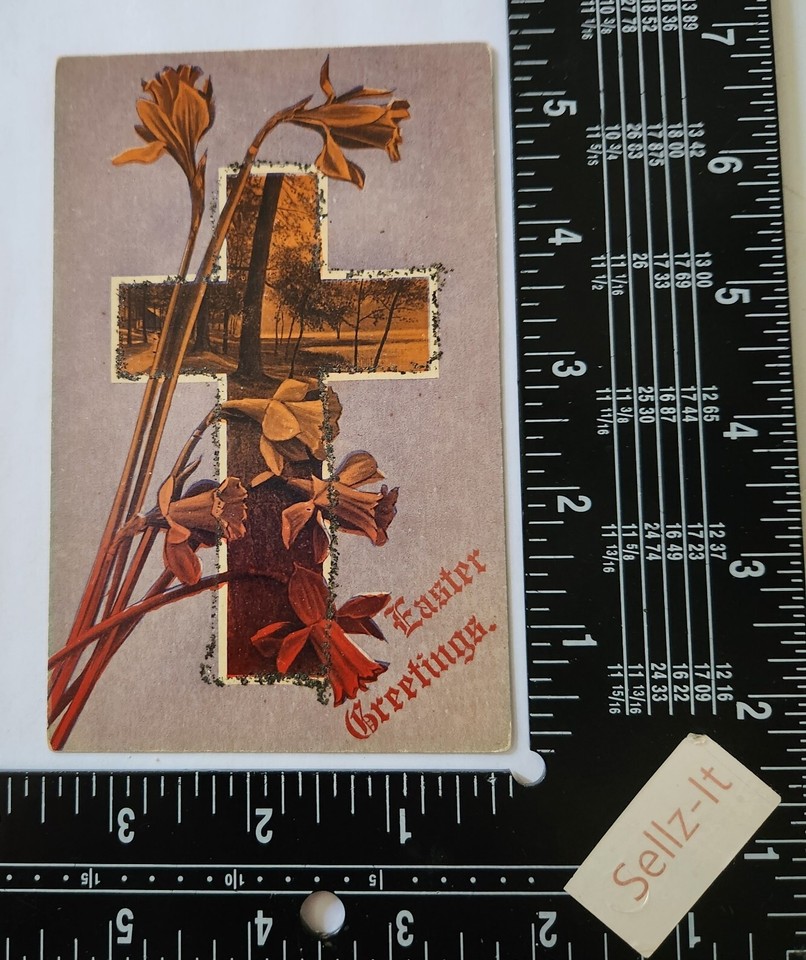 Landscape Cross Daffodils Easter Greeting Vintage Postcard Posted 1916