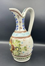 Vtg Hand Painted Mexican Tonala Pottery Large Pitcher Jug Folk Art Floral 13.5”