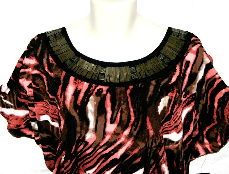 Elementz Plus 2X Womens Blouse Black Print Embellished Smocked Waist Belted NWT - Image 3 of 3