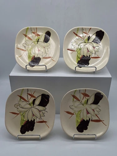 4 Red Wing Saucers Lotus Bronze  Brown White Green 1940's Vtg MCM Hand Painted