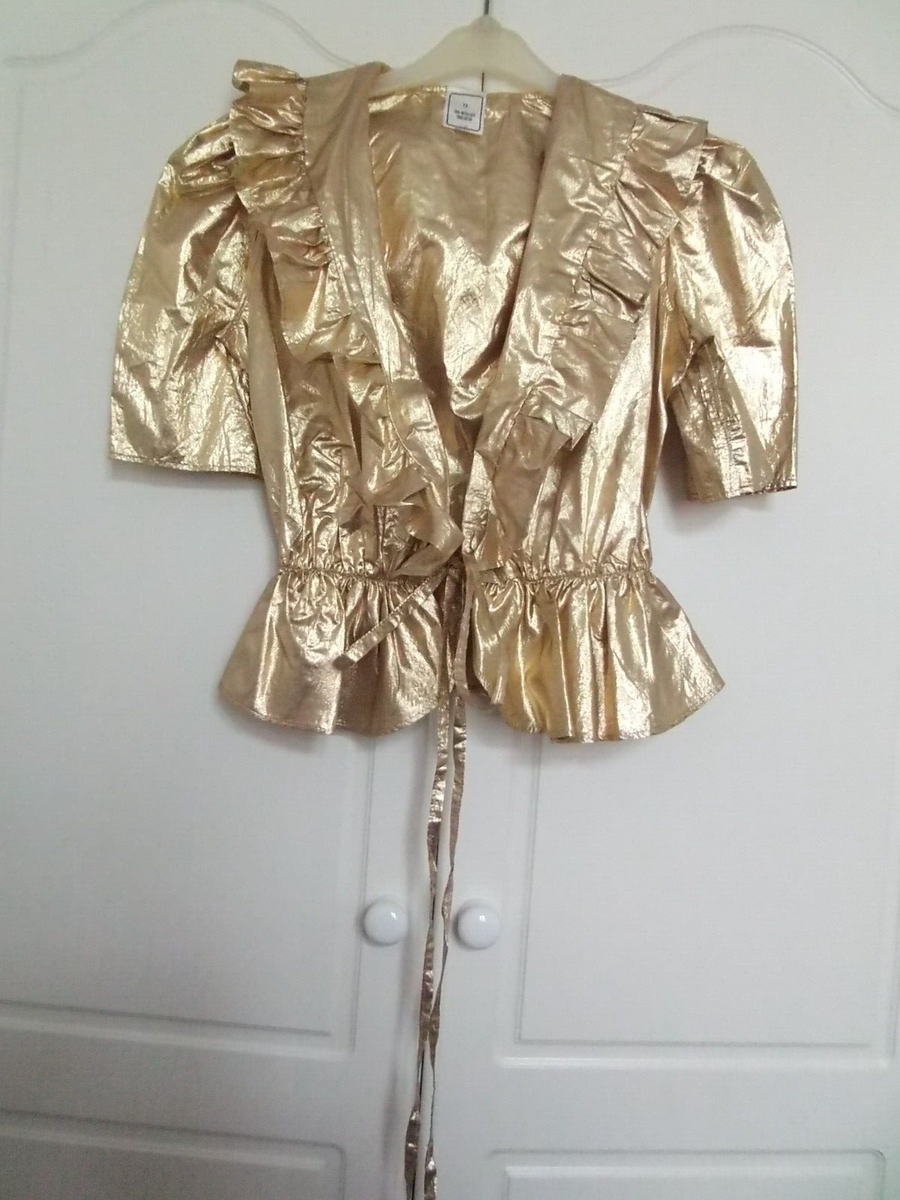 NWOT shiny GOLD! foil blouse size 12 peplum waist tie front short