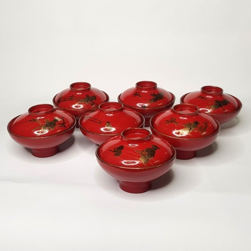 7 Antique Meiji Wooden Lacquerware Bowls Old Wajima Vermilion Gold Makie Figure - Picture 2 of 22