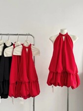  Women Halter Dress Ins Thin Fashion Vintage Solid Party Prom A-Line Sleeveless