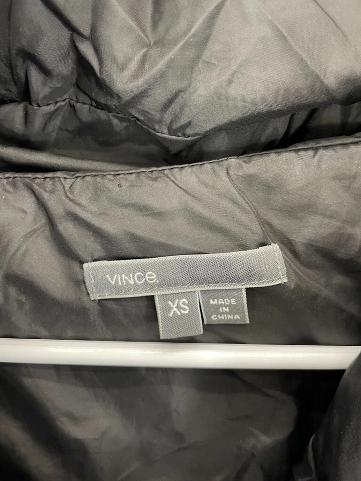 Abrigo Vince Puffer para mujer XS negro plumón de ganso panel de cuero chaqueta asimétrica Foto 2 de 4