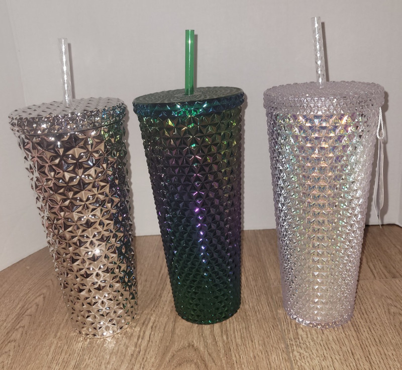 💥 Textured Water Bottle Tumbler Cup Lot Iridescent Green White Silver New Straw