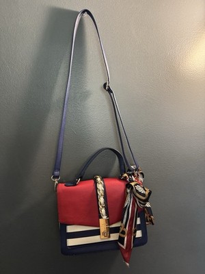 Red Blue White Colorblock Small Crossbody Top Handle Turn Lock Gold Scarf