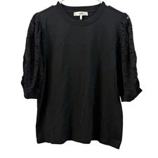 FRAME Black Lace Puff Sleeve Sweatshirt Crew Neck Top Size L G Organic Cotton